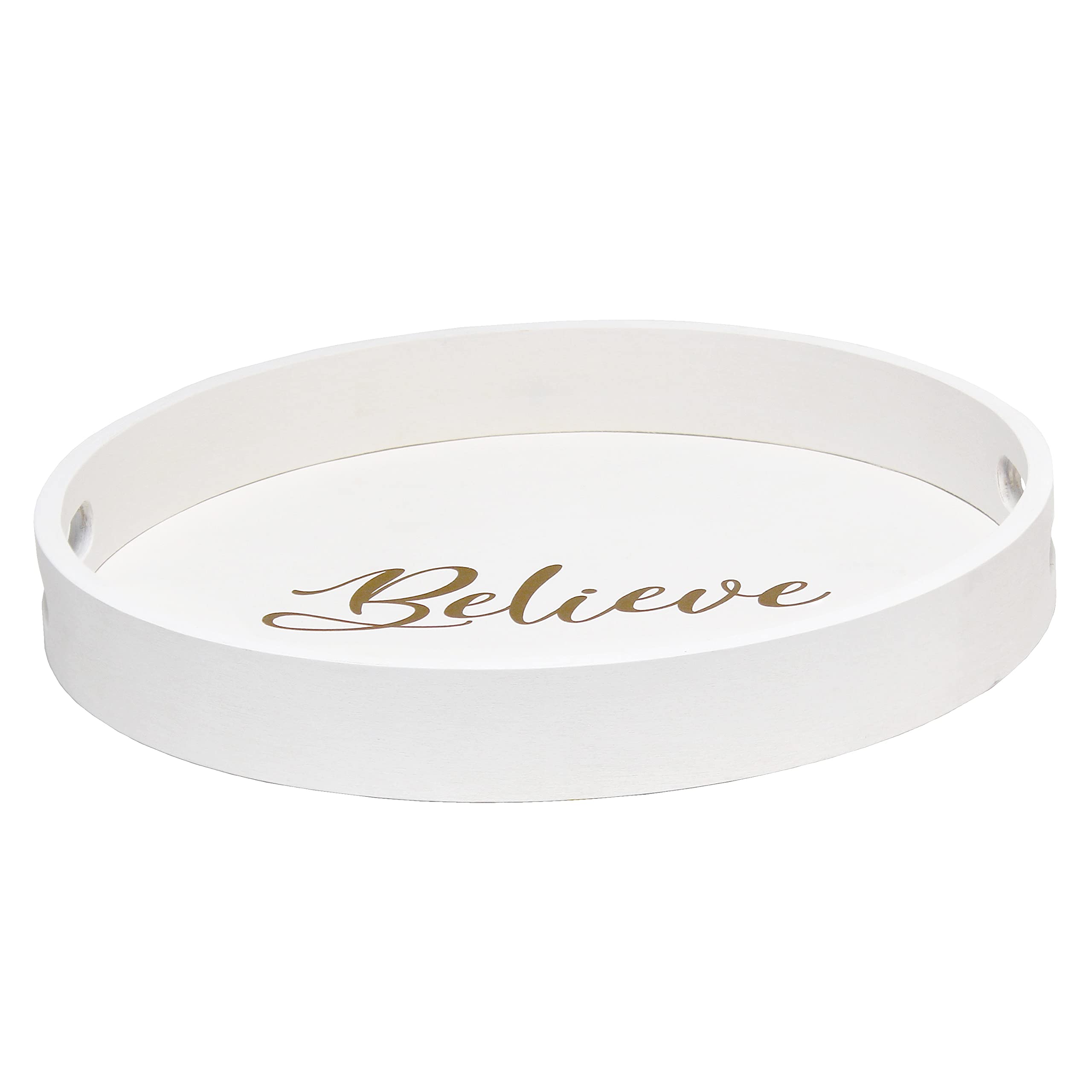 Elegant Designs Decorative 13.75'' Round Wood Serving Tray w/ Handles, ''Believe''