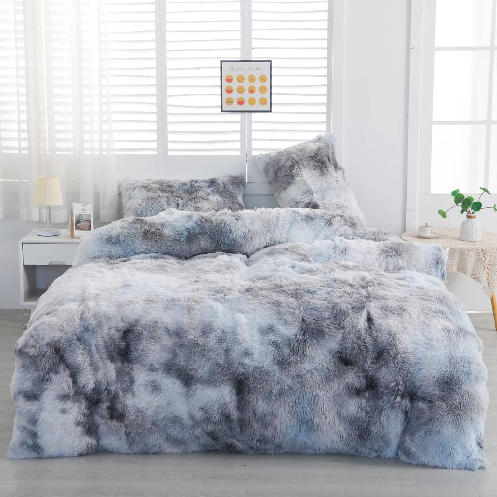 chovy Faux Fur Tie-Dyed Black White Gray Colorful Comforter Sets Queen - 3PC Bed Set Ultra Soft Plush Flannel Velvet Fluffy Fuzz