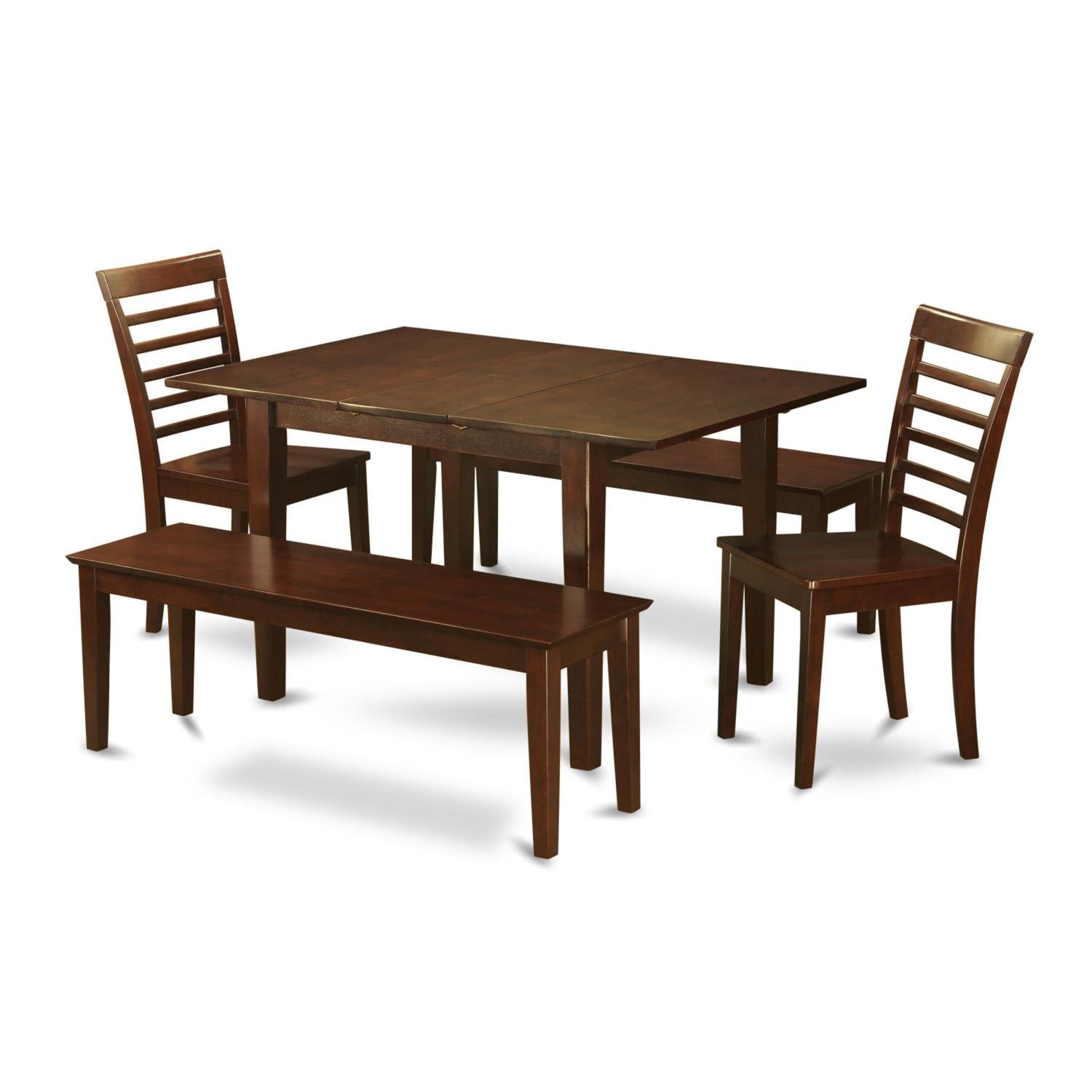East West Furniture PSML5D-MAH-W 5 Piece Dining Room Furniture Set Includes a Rectangle Kitchen Table with Butterfly Leaf and 2 Dining Chairs with 2 Benches, 32x60 Inch, Mahogany