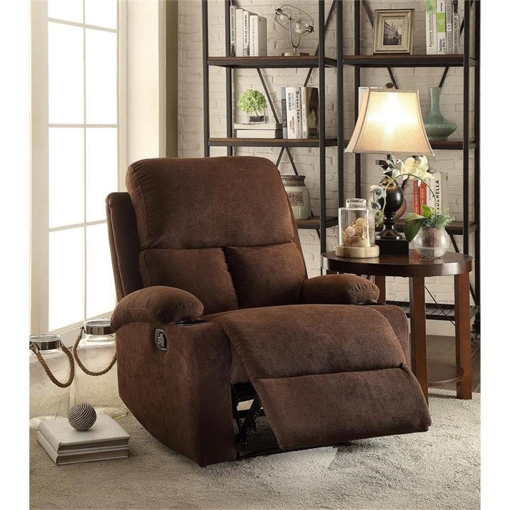 Acme Rosia Motion Recliner With Pillow Top Armrest In Chocolate Fabric