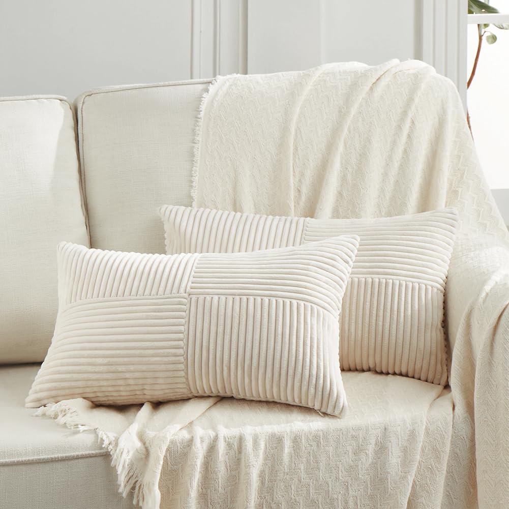 Fancy Homi 2 Packs Cream Lumbar Decorative Throw Pillow Covers 12X20 Inch For Living Room Couch Bed Sofa, Rustic Farmhouse Boho
