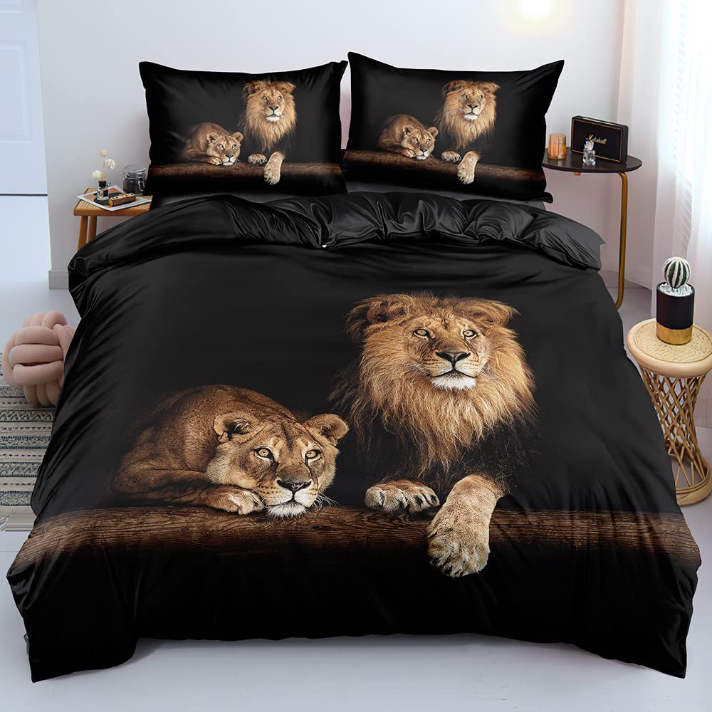 Holiyjog Lion Duvet/Quilt Cover Sets Black Linens Bed Pillow Shams King Queen Twin Full Size Boys Kids Animal Bed Set Home Texti