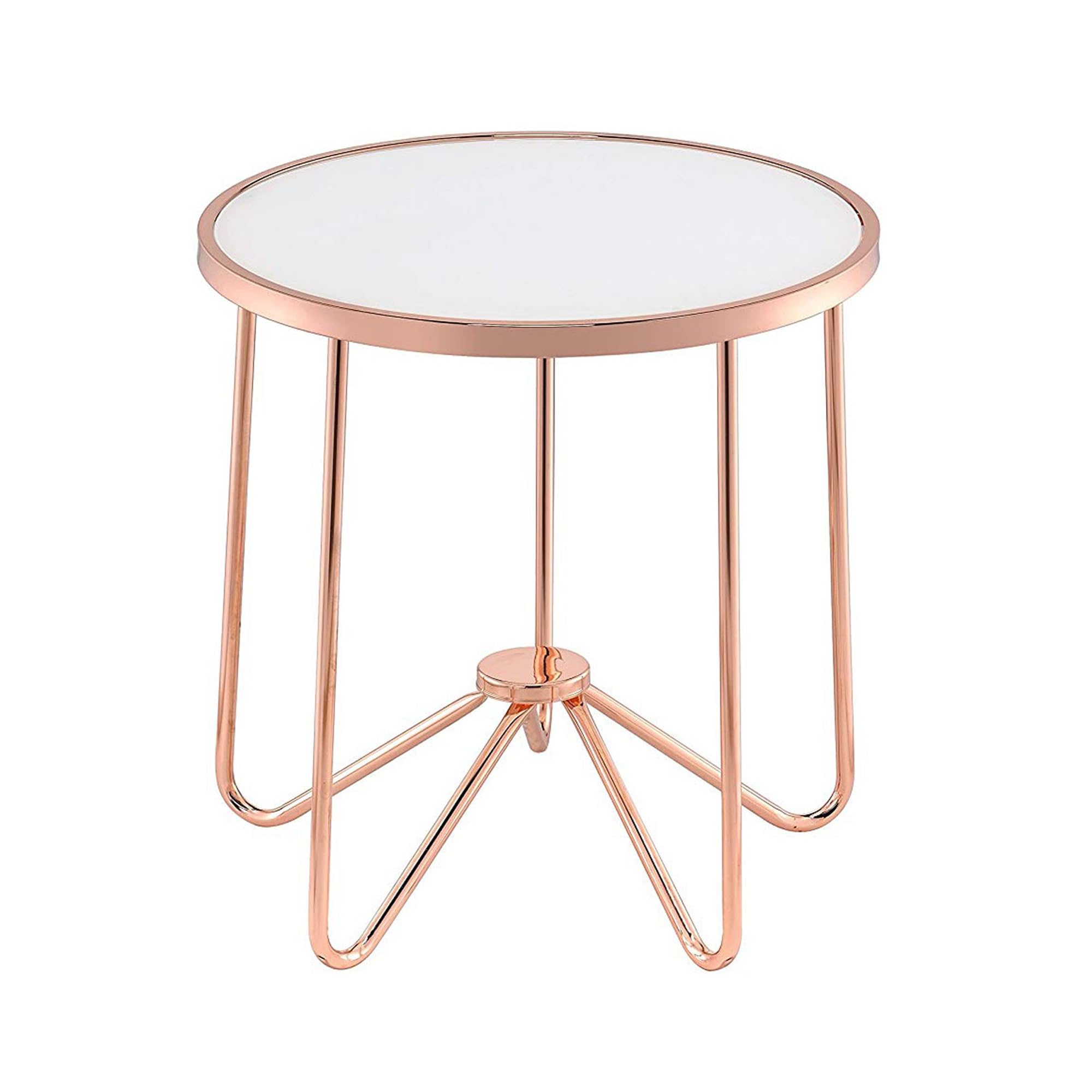 Acme Alivia Round Glass Top End Table In Frosted Glass And Rose Gold