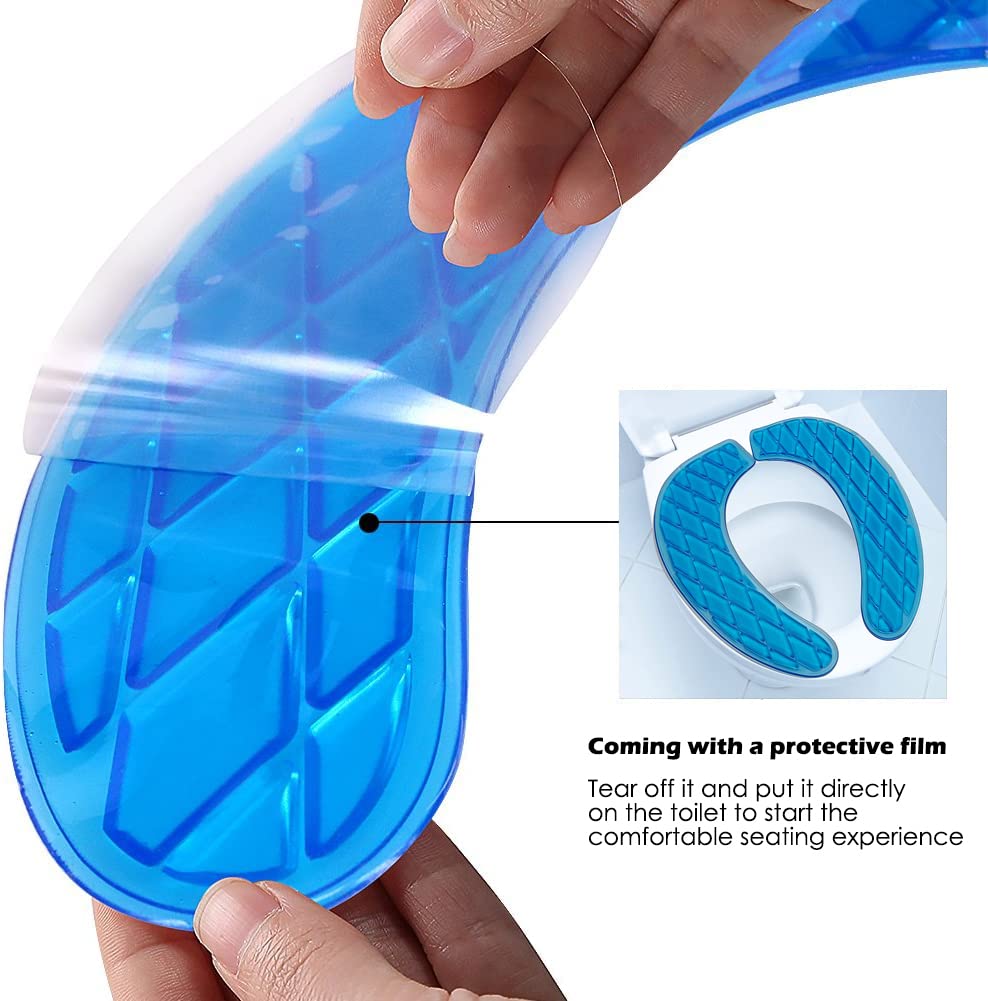 Kindax Gel Toilet Seat Cushion - Portable & Washable Cover, Blue, Model MTD-01, Universal Self-Adhesive Design