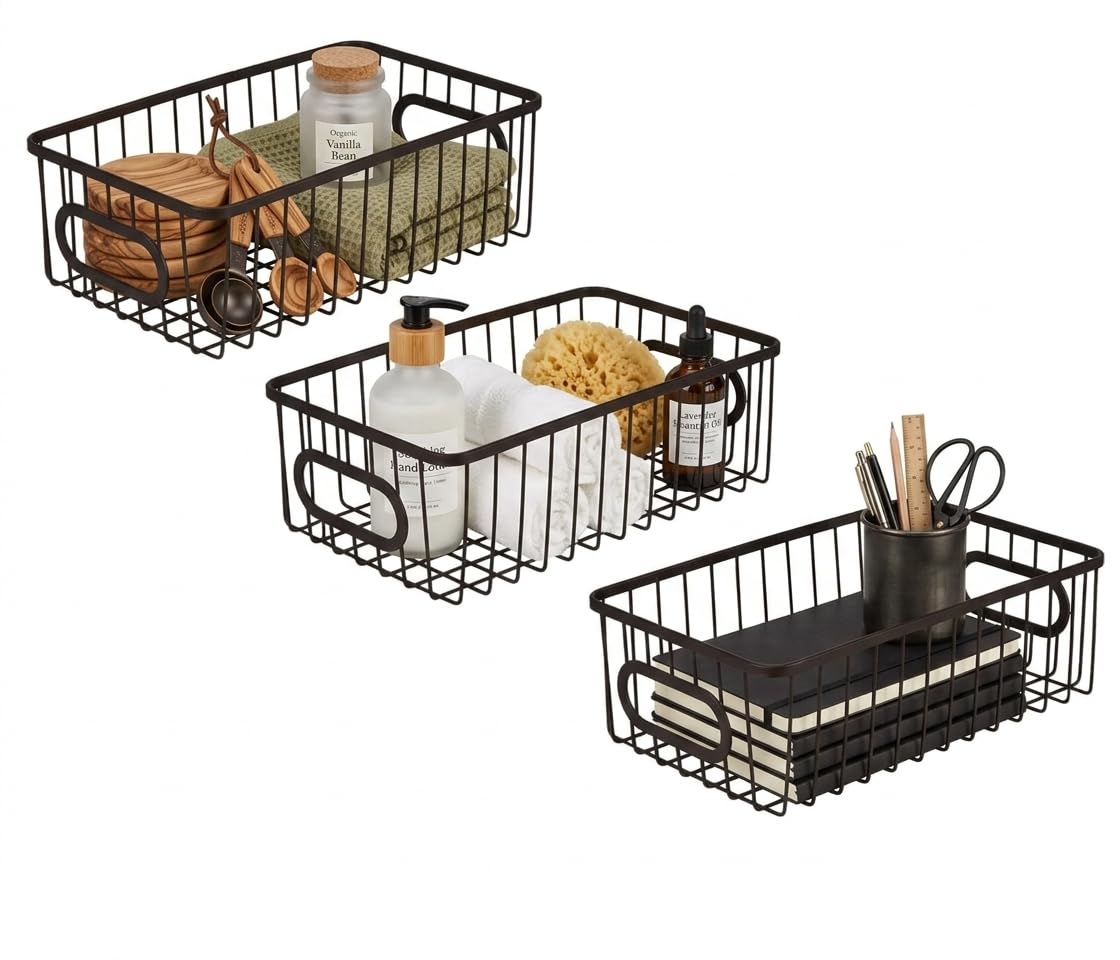 Bianco Multipurpose 10 Metal Bathroom Storage Organizer Basket Bin  Modern Wire Grid Design  For Organization In Cabinets, On