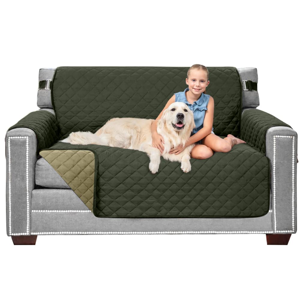 Sofa Shield Patented Loveseat Slip Cover, Large Cushion Protector, Reversible Stain And Dog Tear Resistant Slipcover, Quilted Microfiber 54” Seat, Washable Covers For Dogs Pets Kids, Hunter Green Sage