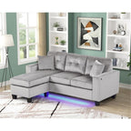 Sorenza 74' W Gray Velvet Reversible Sectional Sofa Chaise with LED Light, USB Port, Nailhead Trim, Throw Pillows, Tufted Cushion