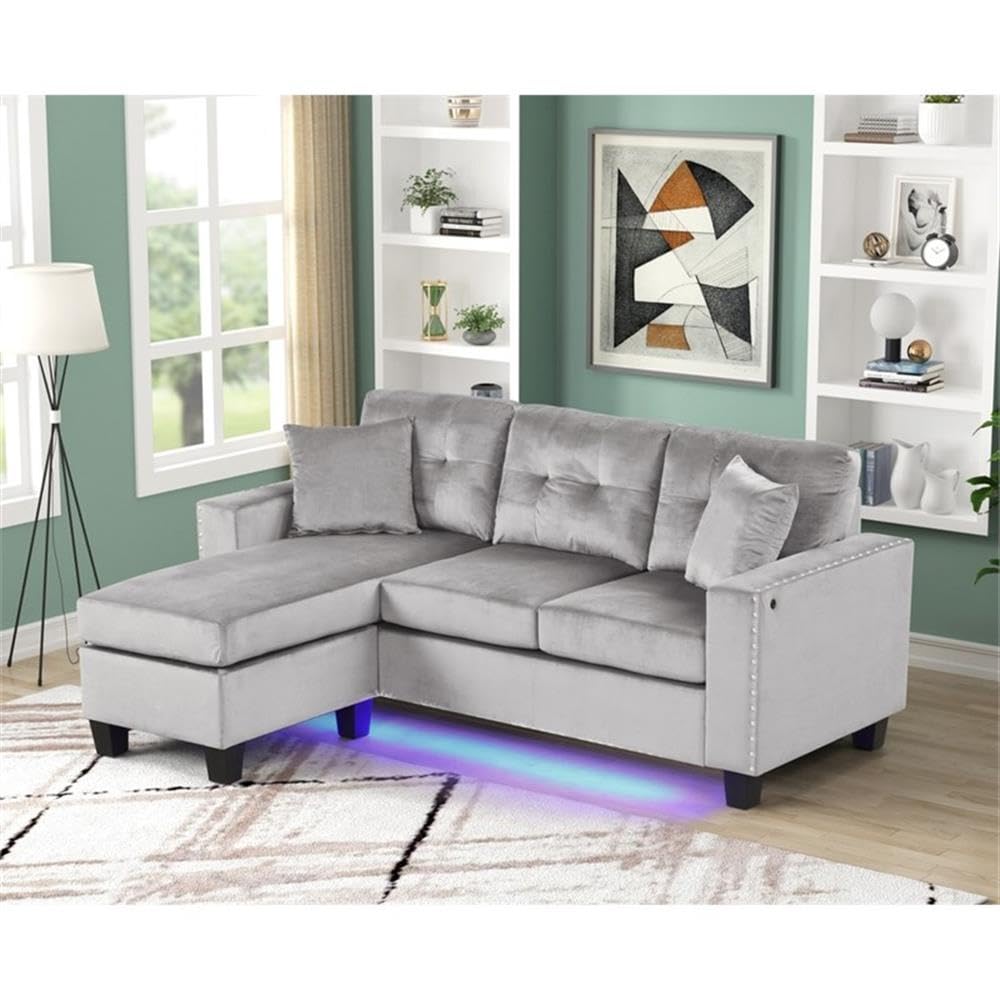 Sorenza 74' W Gray Velvet Reversible Sectional Sofa Chaise with LED Light, USB Port, Nailhead Trim, Throw Pillows, Tufted Cushion