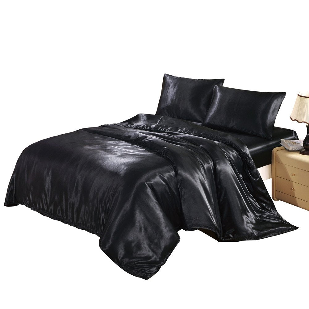 Drefeel Hotel Quality Black Duvet Cover Set Queen/Full Size Silk Like Satin Bedding With Hidden Zipper Ties Soft Comfortable Sta