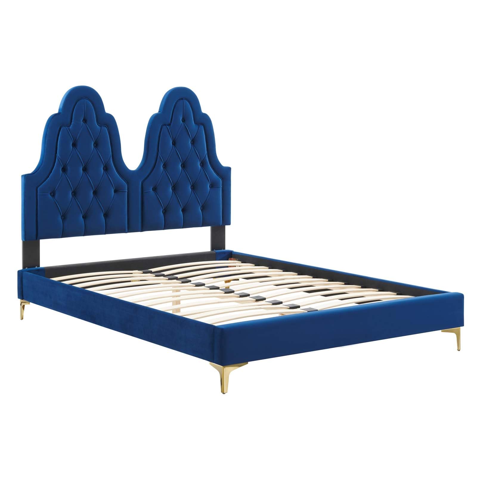 Modway Alexandria Tufted Performance Velvet Platform Bed with Gold Legs, Twin, Navy