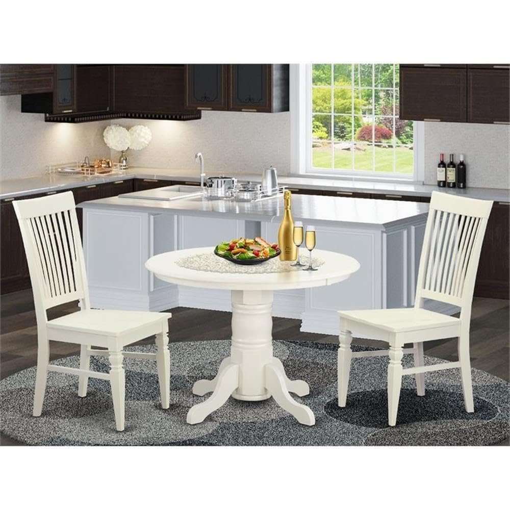 East West Furniture SHWE3-WHI-W 3 Piece Dining Room Table Set Contains a Round Kitchen Table with Pedestal and 2 Dining Chairs, 42x42 Inch, Linen White