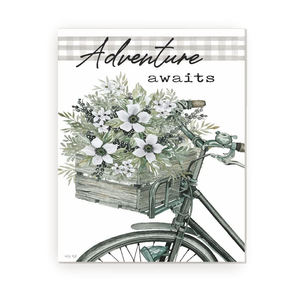 Adventure Awaits With Flower Basket On Bicycle Farmhouse Style Wood Wall Decor Sign 12x15