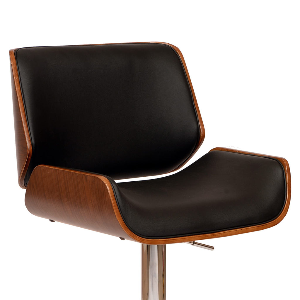 HomeRoots Chrome Metal, Walnut Vaneer, Leatherette Black Upholstered Chrome Base Adjustable Bar Stool