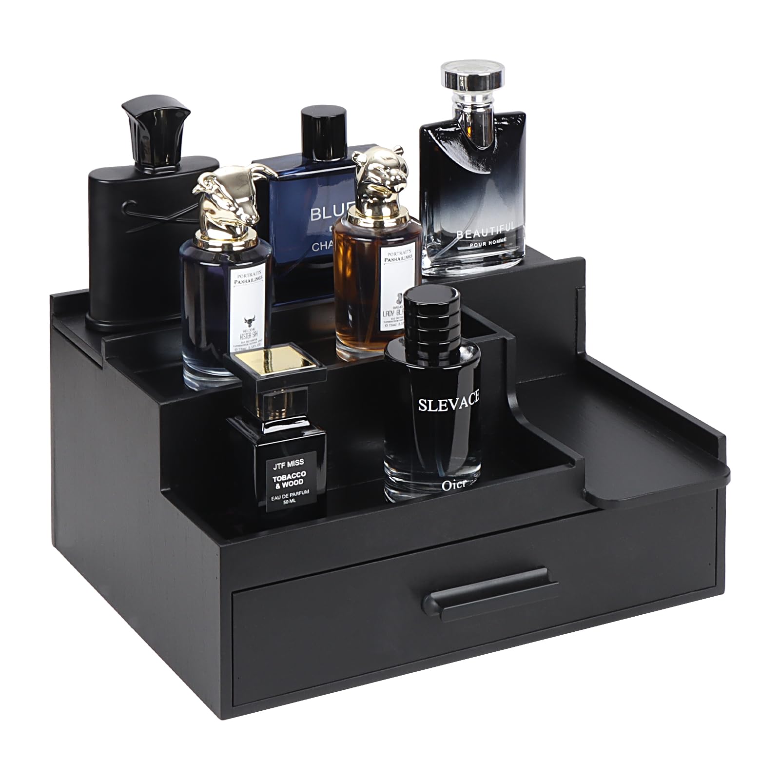 Butizone Cologne Organizer for Men, 3 Tier Perfume Stand Holder with Drawer and Hidden Compartment, Cologne Display Shelf for Dr