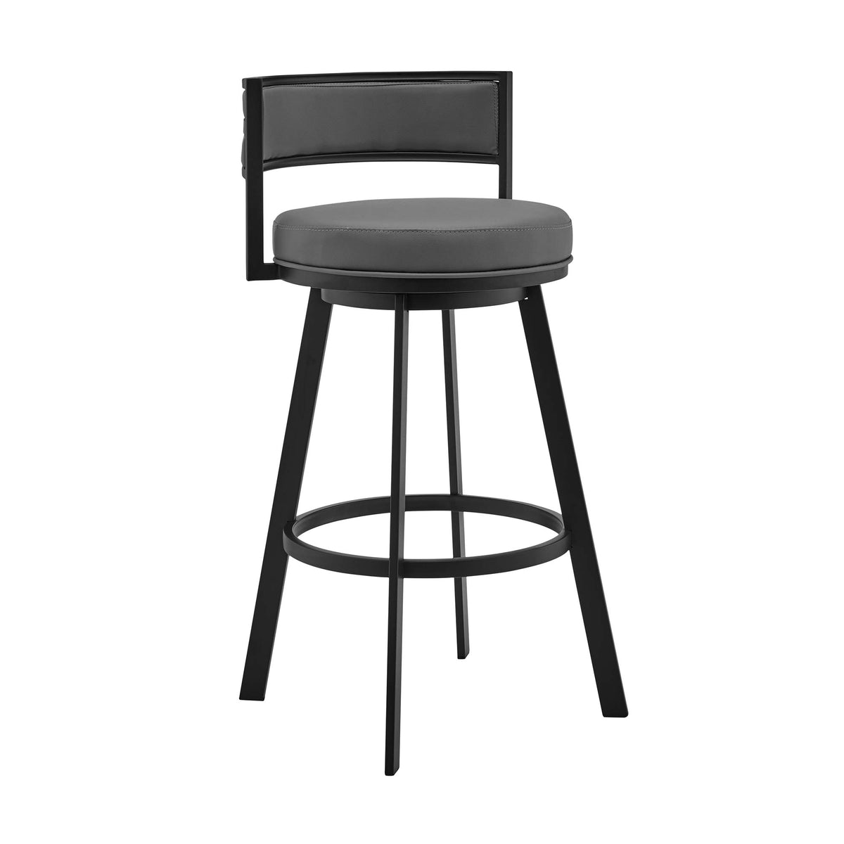Armen Living Roman 26 '' Gray Faux Leather and Black Metal Swivel Bar Stool