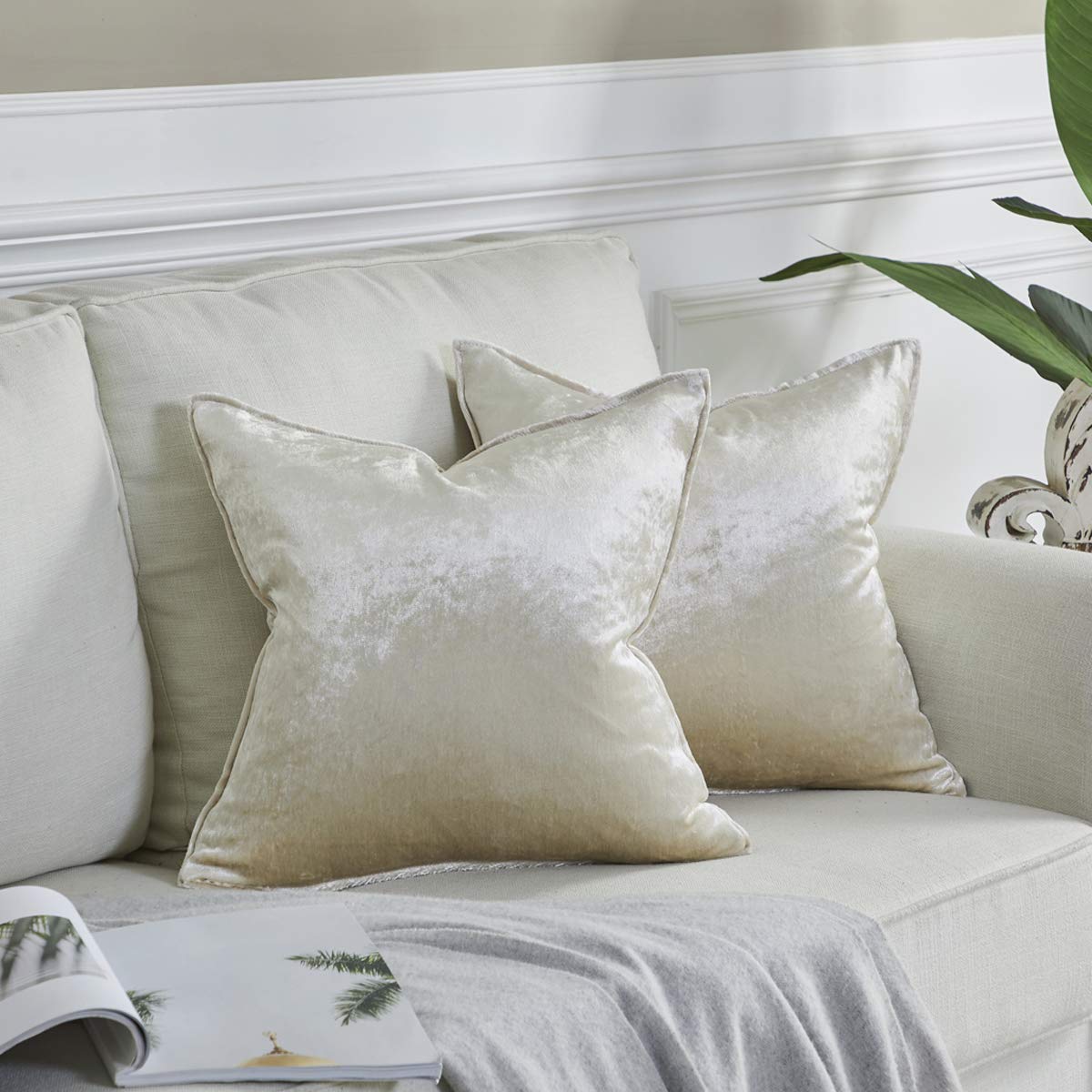 Gigizaza Velvet Decorative Throw Pillow Covers 16X16 Ivory Square Couch Sofa Pillow Covers Pack Of 2