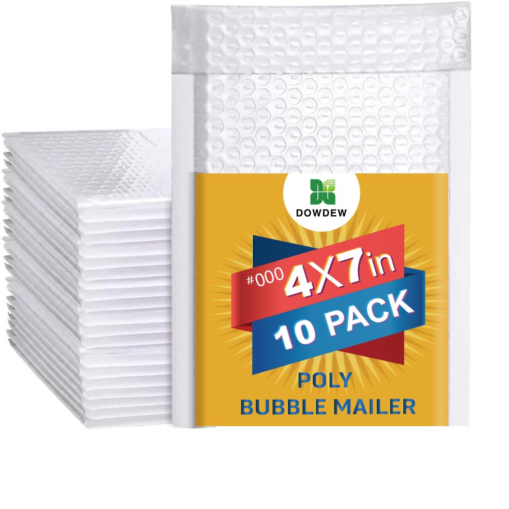 Water Resistant Bubble Envelope Mailers [10 Pack] 4 Inch X 7 Inch #000 White Poly Padded Shipping Envelopes Self Sealing Cushion
