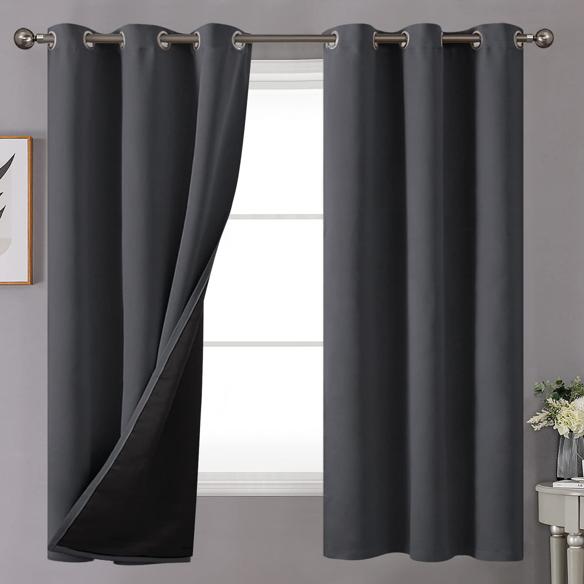 Youngstex Dark Grey Insulated Blackout Curtains For Bedroom, Grommet Heavy Full Room Darkening Thermal Window Drapes With Thick