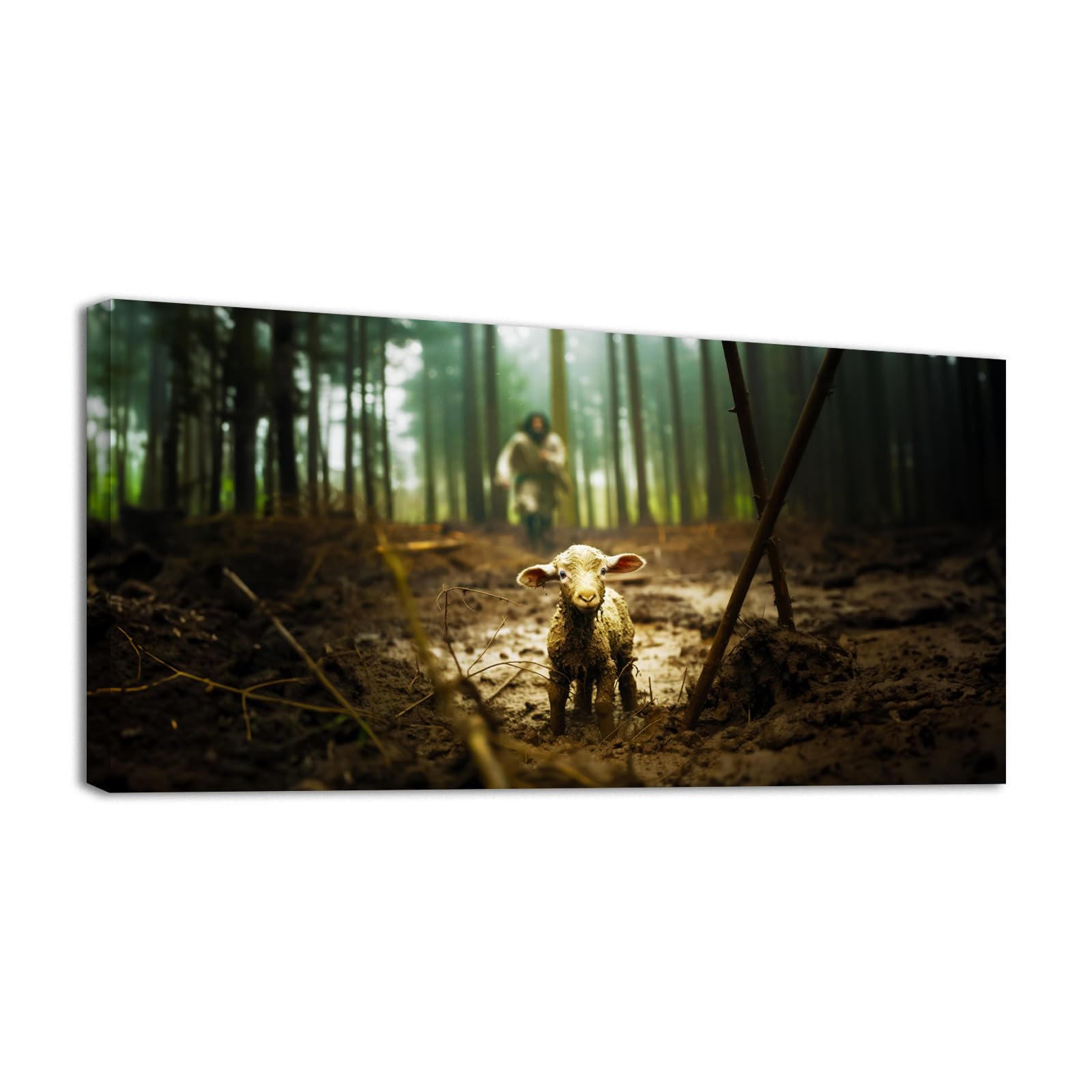 Jesus and Lamb Canvas Wall Art 48 x24  Jesus Running After Lost Lamb Picture Wall Art Canvas Print Christian Home Decor