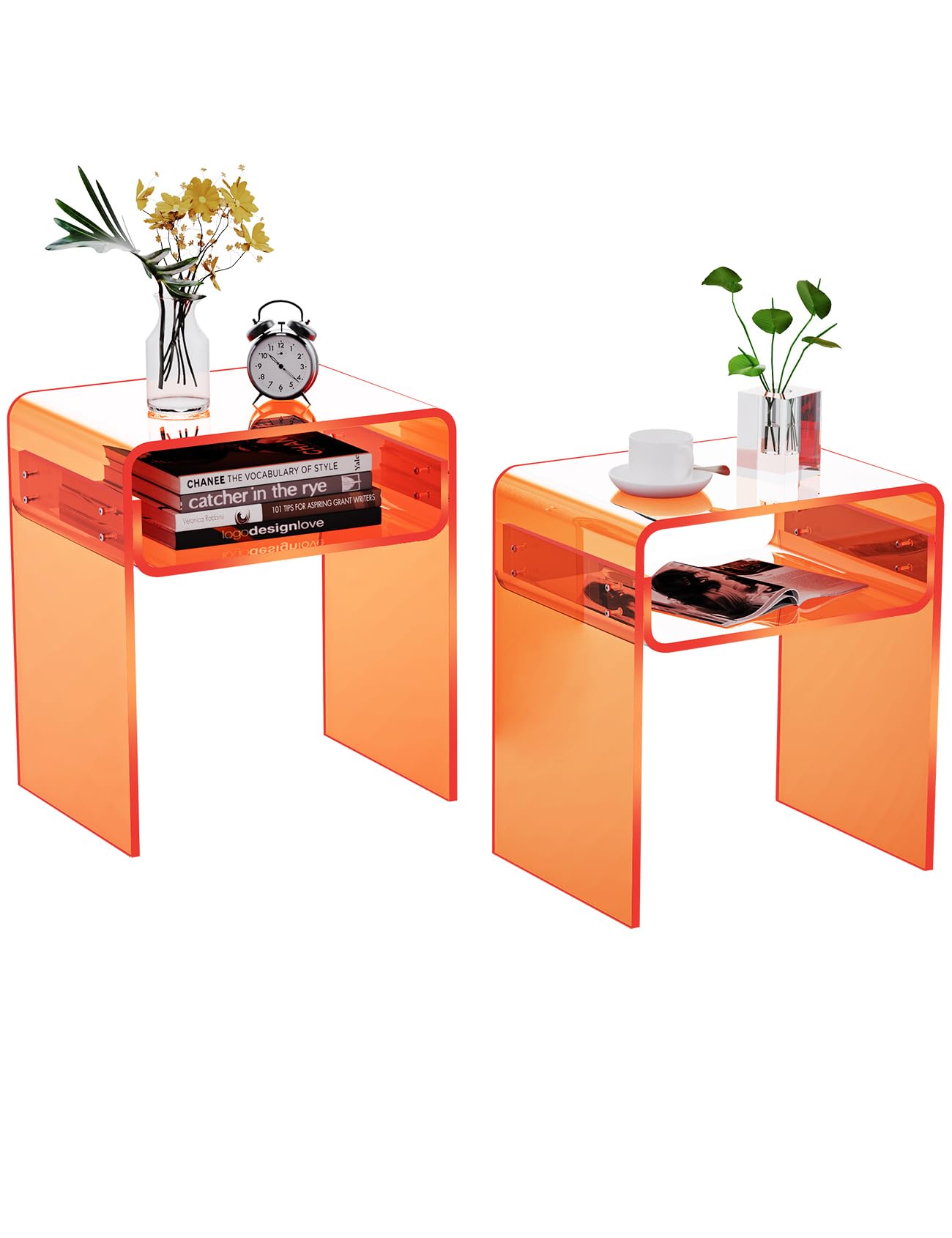 solaround Clear Acrylic End Table 2-Tier Bedside nightstand for Living Room Bedroom Home Decor (Orange Double)