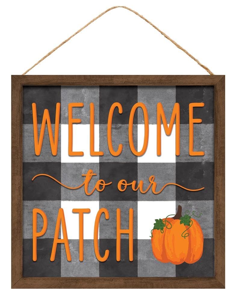 Welcome to our Patch Sign - 10' x 10', Wooden Sign, Buffalo Plaid, Pumpkin, Halloween Front Door, Fall Decor, Wreath, Home, Ga