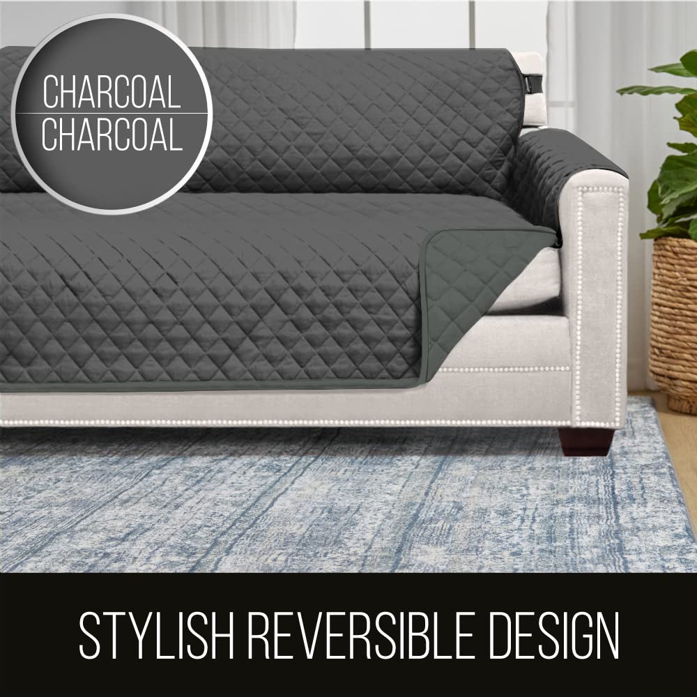 Sofa Shield Patented Couch Slip Cover, Large Cushion Protector, Reversible Stain And Dog Tear Resistant Slipcover, Quilted Microfiber 62” Seat, Washable Covers For Dogs Pets Kids, Charcoal