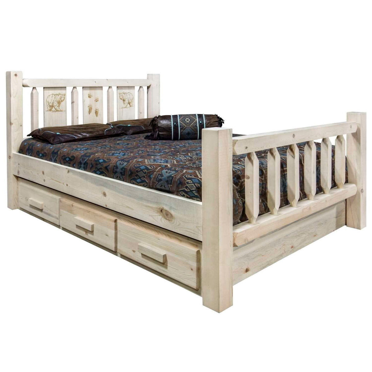 Montana Woodworks Homestead Collection California King Storage Bed w/Laser Engraved Bear Design, Clear Lacquer Finish