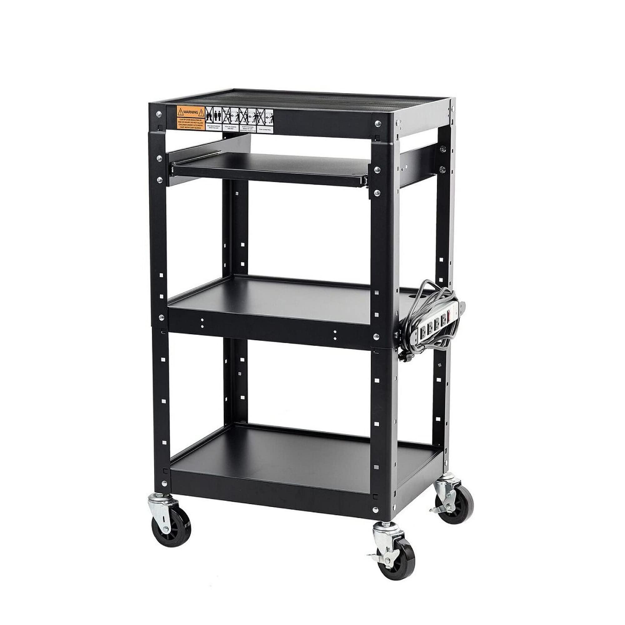 Pearington Av Presentation Cart Stand For Video Projector, Tv, Laptop Computers, Printers, Metal Construction Rolling Storage Cart With Adjustable Shelves, 4 Wheels, 4 Outlets, 12Ft Cord, Black