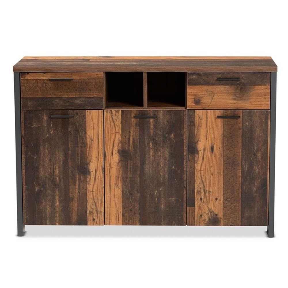 Baxton Studio Ranger Mid-Century Modern Rustic Brown Finished Wood and Grey Metal 2-Door Sideboard Buffet