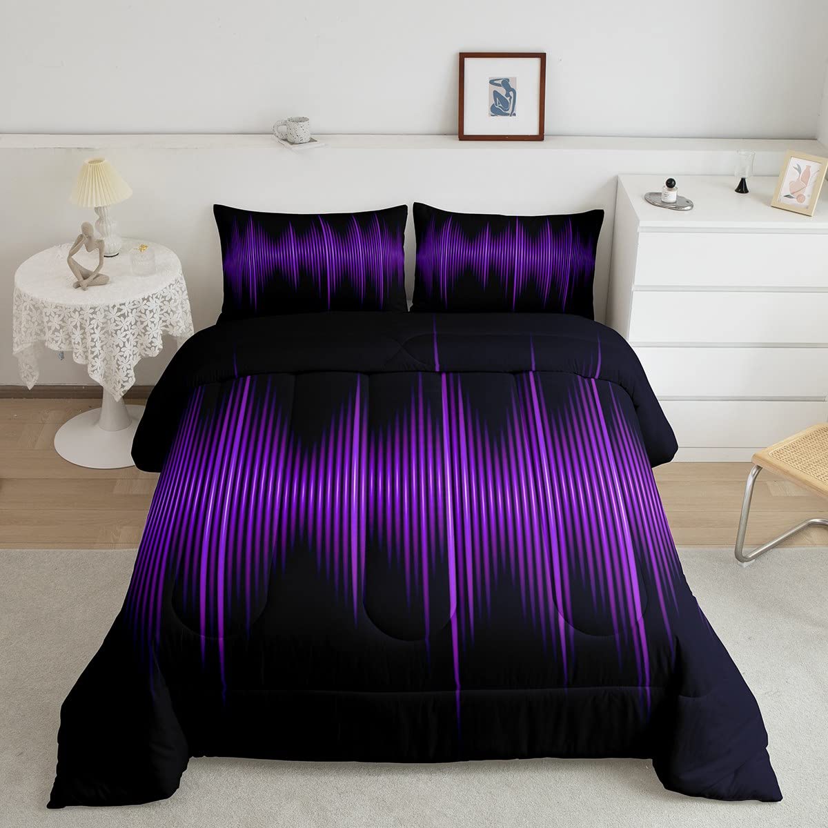 Geometric Abstract Stripes Kids Comforter Set Twin Size,Purple Gradient Lines Bedding Set,Boys Girls Adults Bedroom Decor,Modern