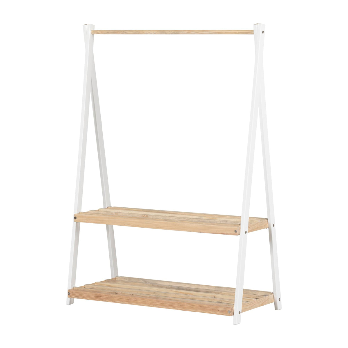 South Shore Sweedi Wooden Clothes Rack With Storage Shelves For Kids, White And Natural