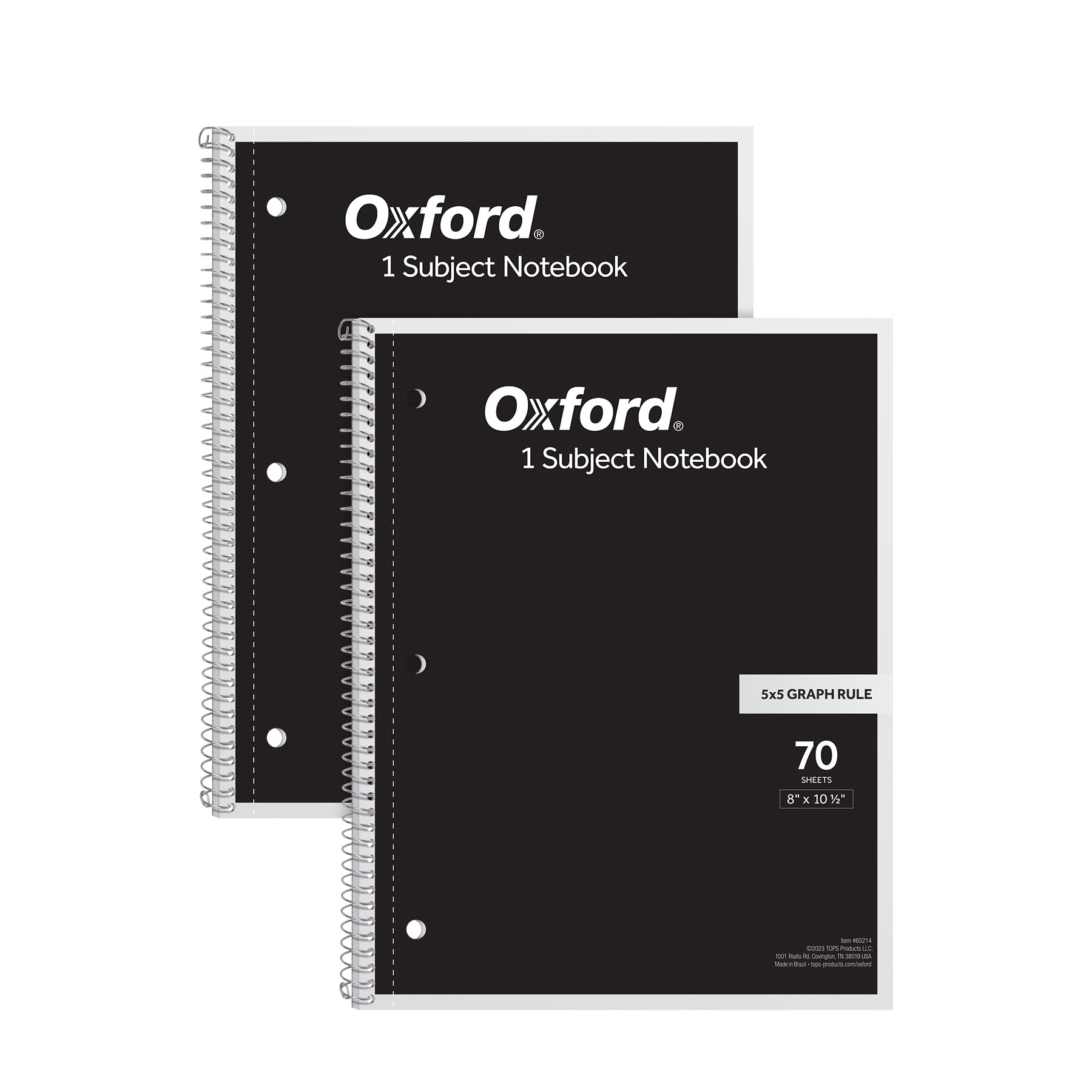 Oxford Spiral Notebook 2 Pack, 1 Subject School Pads, 3-Hole Punch, 5 X 5 Inch Graph Paper, 8-1/2 X 10-1/2 Inches, Black Covers,