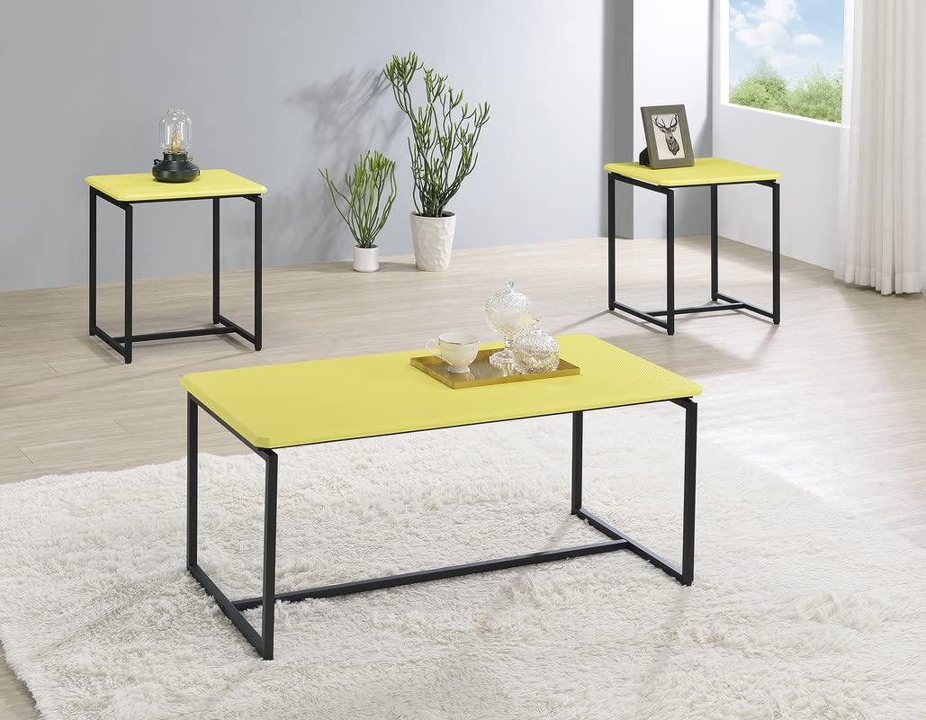 Lilola Home GT 3 Piece Yellow Carbon Fiber Wrap Coffee Table and End Table Set