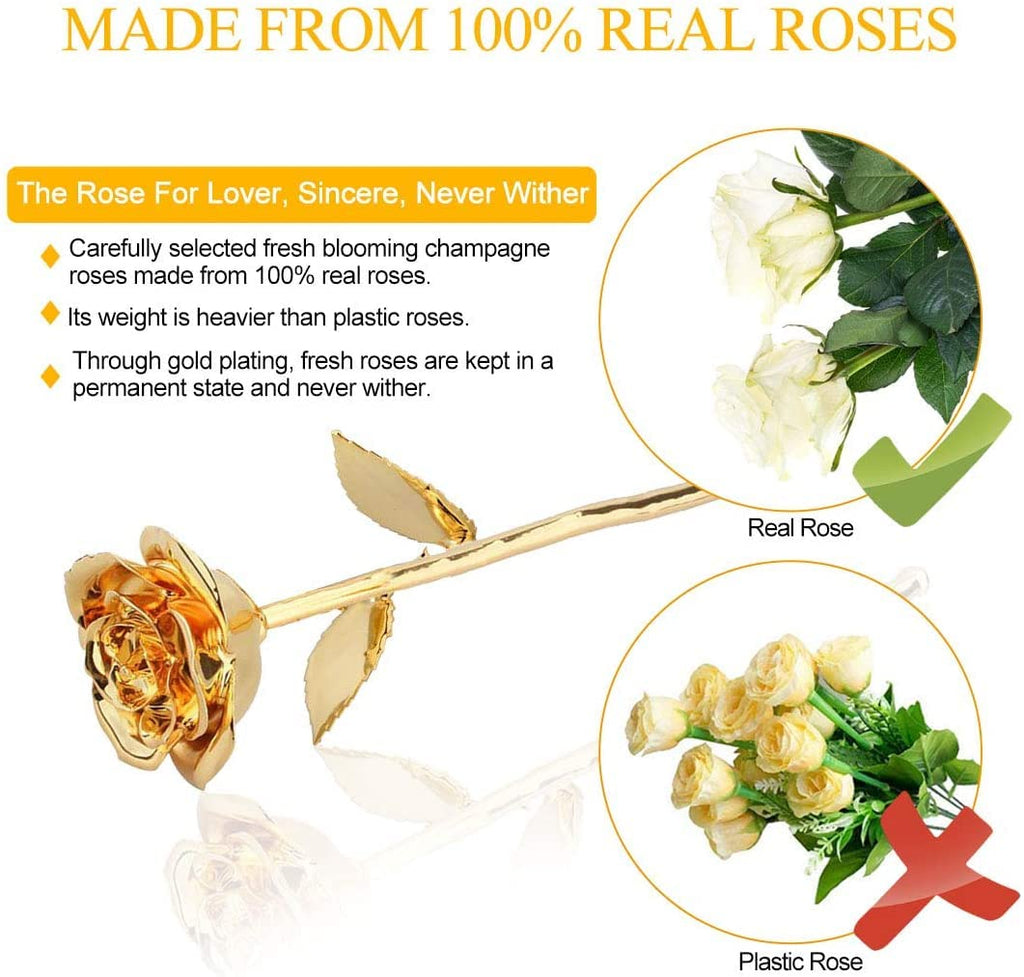 24K Gold Rose For Her, Eternal Love Real Golden Plated Preserved Eternal Rose Flower, Best Present For Anniversary Day Wife/Mom/