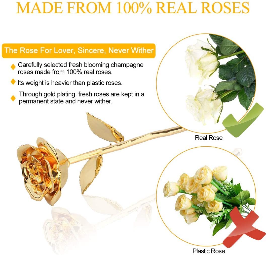 24K Gold Rose For Her, Eternal Love Real Golden Plated Preserved Eternal Rose Flower, Best Present For Anniversary Day Wife/Mom/