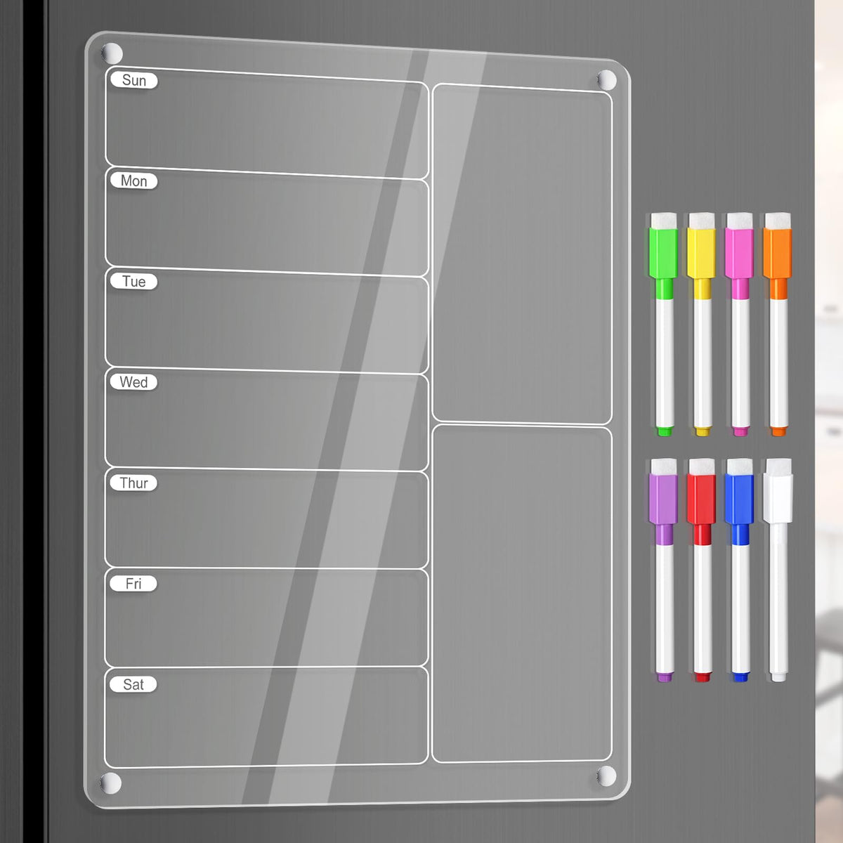 Acrylic Meal Planner Magnetic Menu Board For Kitchen Fridge W/ 8 Markers, Clear Weekly Calendar Planning Board Noteboard Refrige
