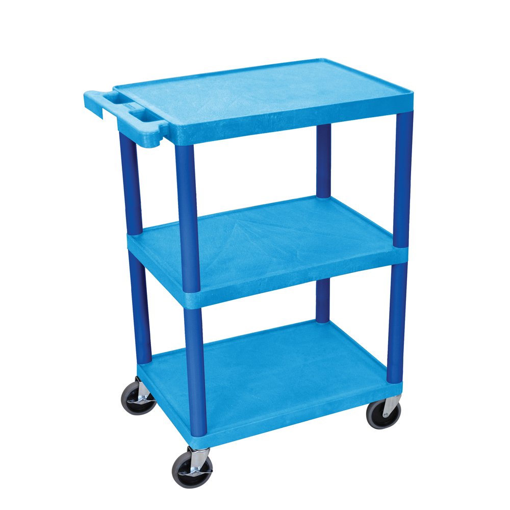 LUXOR HE34-BU Utility Cart - 3 Shelves Structural Foam Plastic, Four 4&quot; Casters, Two with Locking Brake, Ergonomic Push Handle, 24&quot;W x 18&quot;D x 34&quot;H, Offices, Classrooms