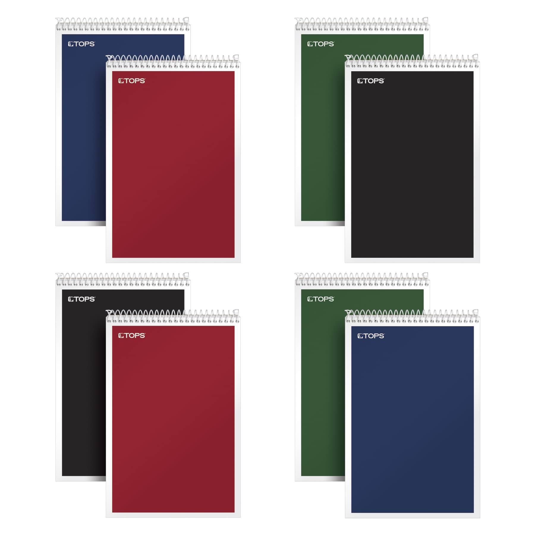 Tops Spiral Steno Books 8 Pack, 6' X 9', Gregg Rule White Paper, Assorted Covers, 80 Sheets Per Book/8 Books Per Pack, Red, Bl