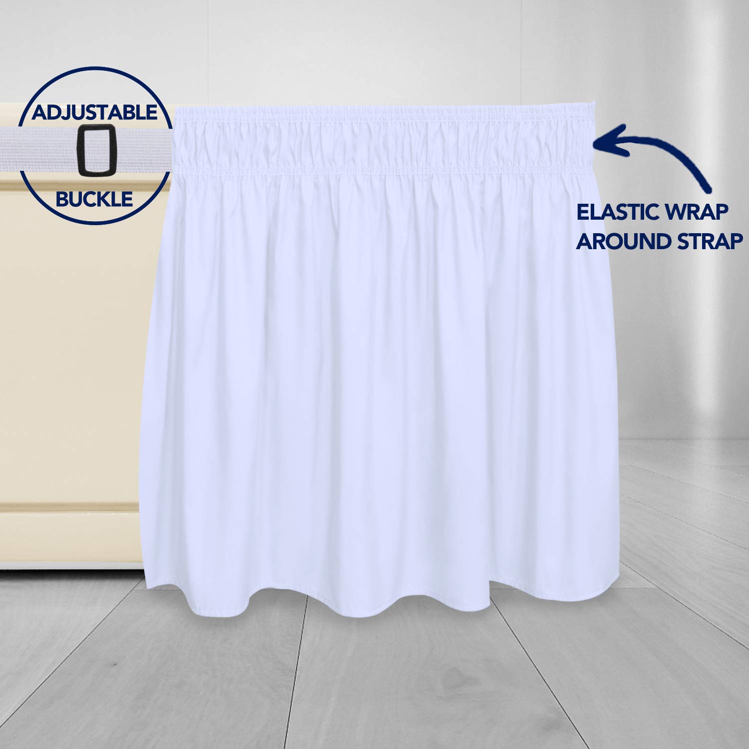 Purefit Wrap Around Ruffled Bed Skirt With Adjustable Elastic Belt - 22 Inch Drop Easy To Put On, Wrinkle Free Bedskirt Dust Ruffles, Bed Frame Cover For Queen, King And C-King Size Beds, White