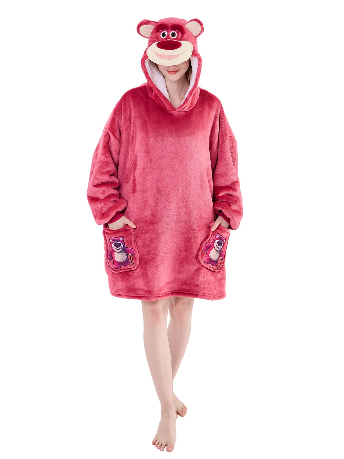 Newcosplay Unisex Animal Wearable Hoodie Blanket Plush Sherpa Warm Sweatshirt With Pockets For Adult (Rose, Adult)