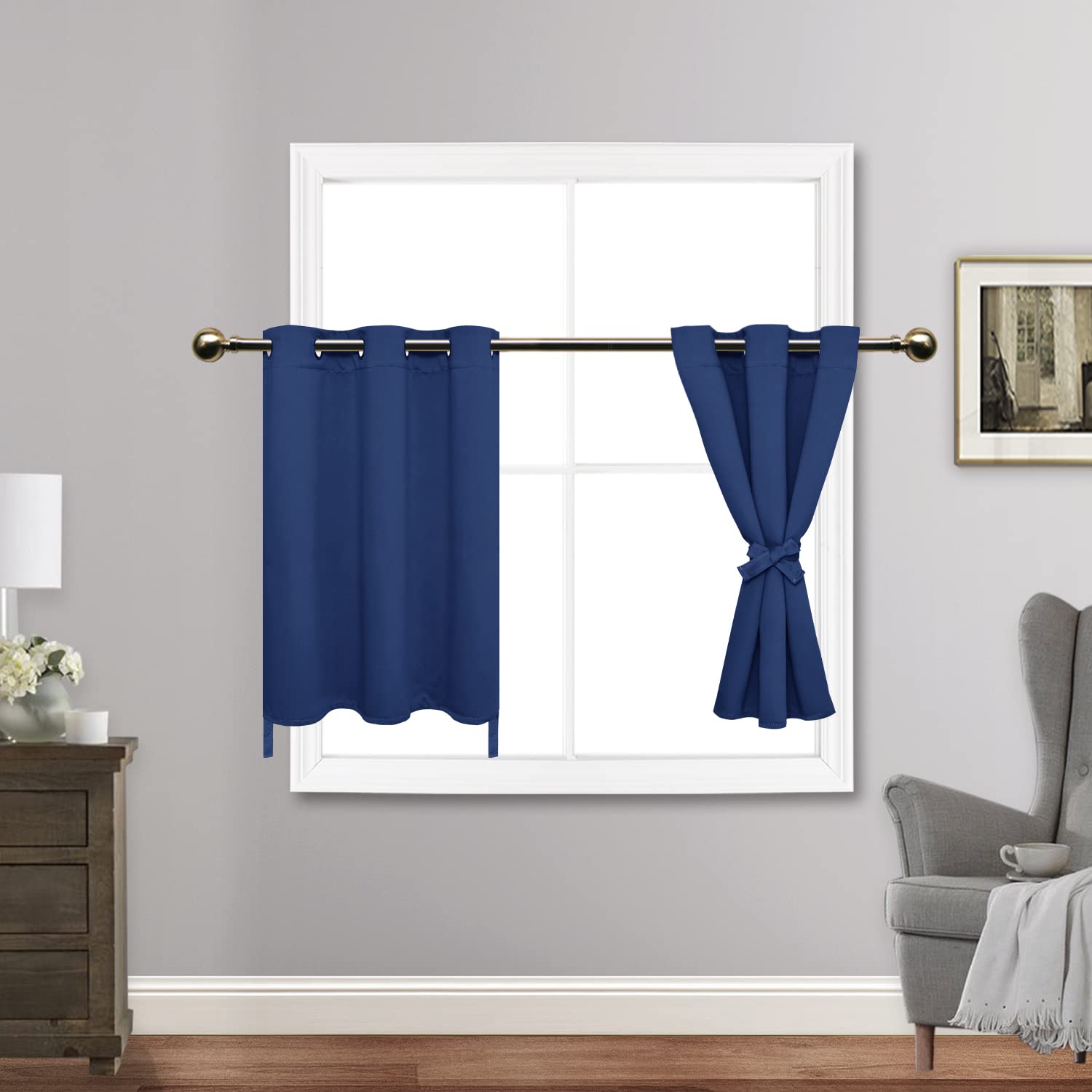 Jiuzhen Blackout Curtains With Tiebacks-Thermal Insulated, Light Blocking And Noise Reducing Grommet Curtain Drapes For Bedroom/Living Room, Set Of 2 Curtain Panels, 34 X 24 Inch Length, Classic Blue