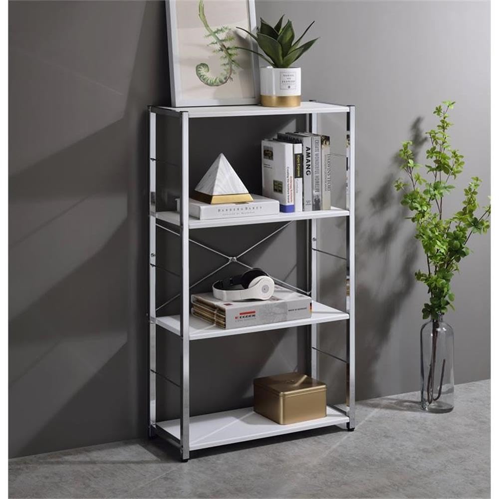 Acme Tennos 4 Wooden Shelves Bookshelf with Metal Frame in White and Chrome