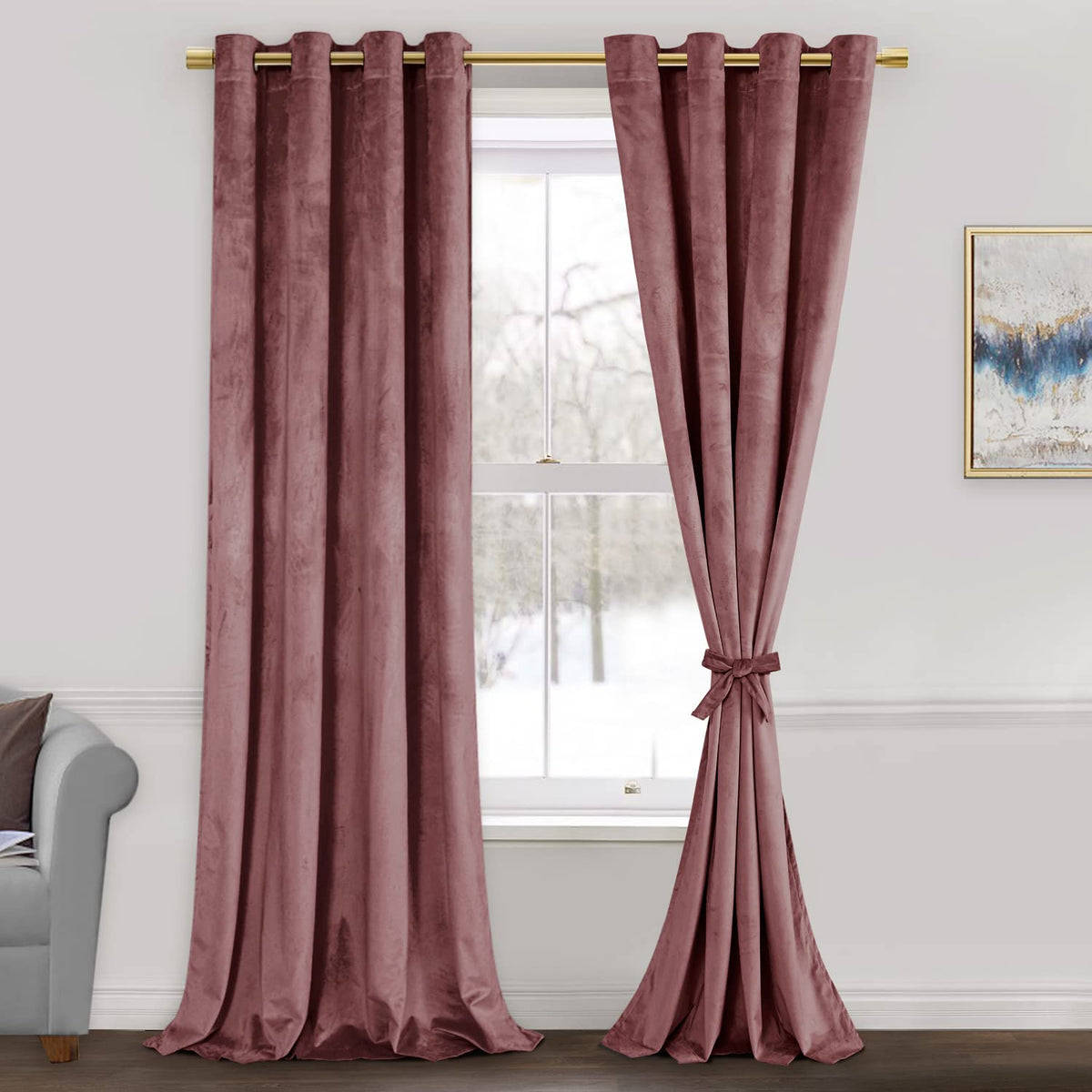 Jiuzhen Wild Rose Velvet Curtains 84 Inches Long - Thermal Insualted Room Darkening Grommet Super Soft Velvet Textured Drapes Fo