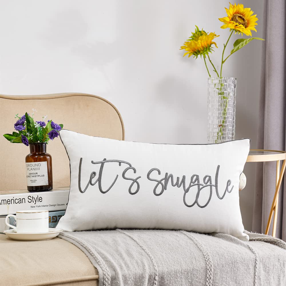 Sunkifover Decorative Lumbar Pillow Covers 12X20 Inches, Soft Solid Rectangular Embroidered Rectangle Pillow Case With Let'S Snu
