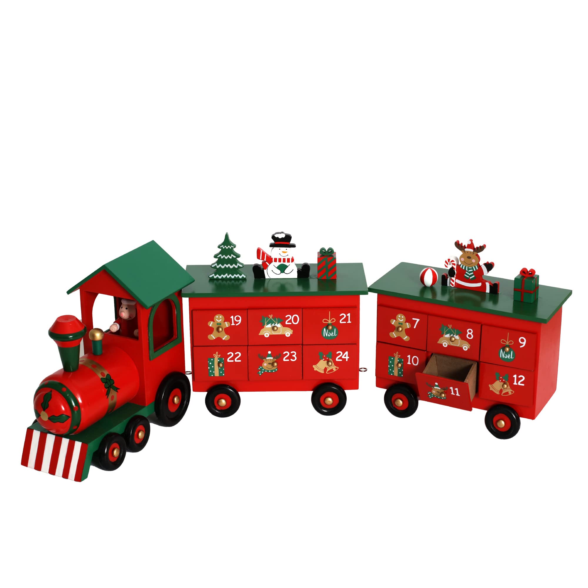 PIONEER-EFFORT Christmas Wooden Advent Calendar Train with 24 Drawers for Adults Kids Christmas Countdown Decoration (Red&Black&