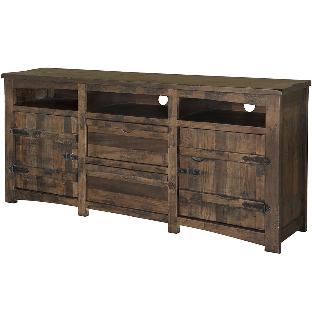 HomeRoots 528719 80 in. Solid Wood Cabinet Enclosed Storage Distressed TV Stand Brown