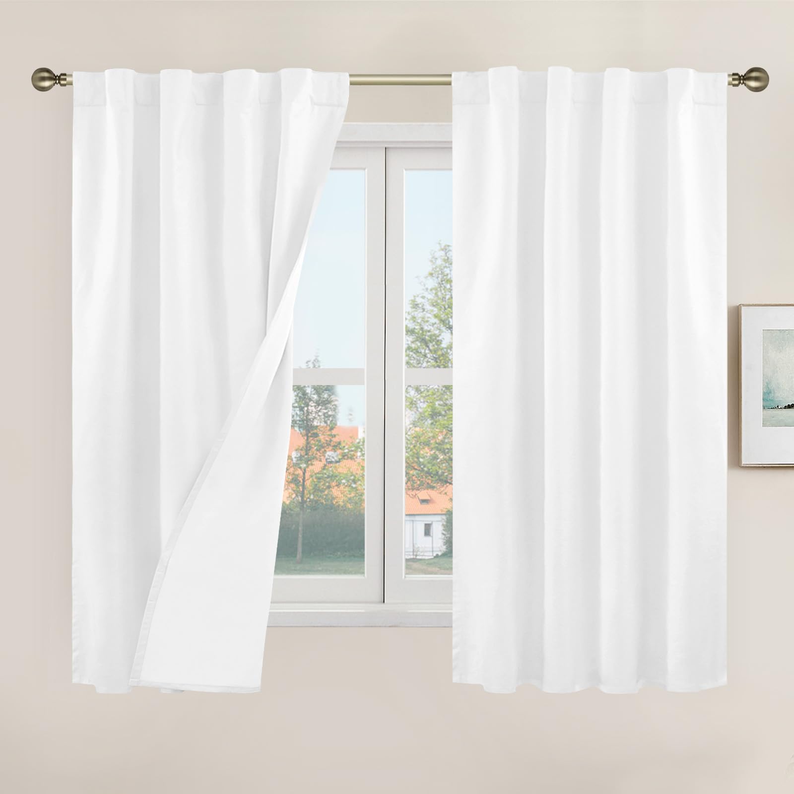 LAMIT 100% Blackout White Linen Curtains 48 Inches Long, Linen Textured Living Room Kitchen Window Curtains Full Room Darkening 