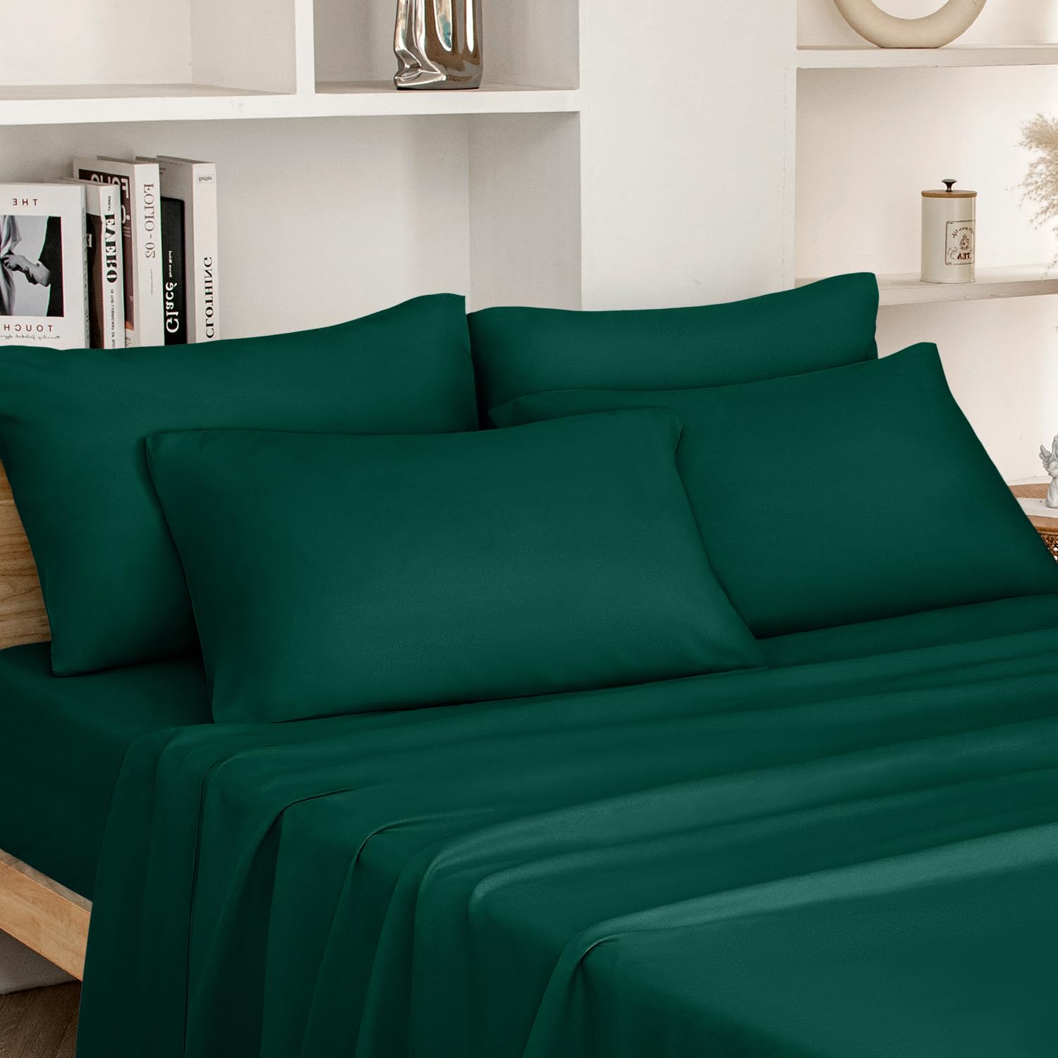 Homeideas King Size Bed Sheets - 6 Piece Set (Dark Green) - Extra Soft Brushed Microfiber 1800 Bedding Sheets, Deep Pocket, Wrinkle & Fade Free