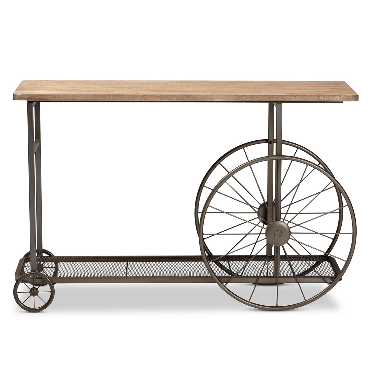 Baxton Studio Terence Vintage Rustic Industrial Natural Finished Wood and Black Finished Metal Wheeled Console Table