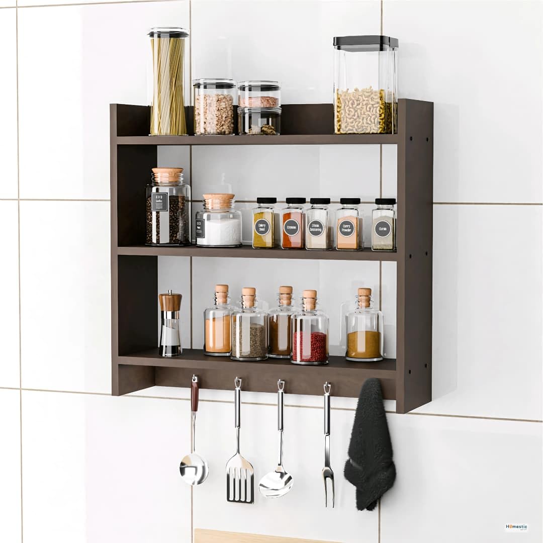 Shoper cart Modern Kitchen Wall Shelf with Hooks, 3Tier White and Beech Wood Storage Rack, 55 x 50 cm, Utensil Organizer with S